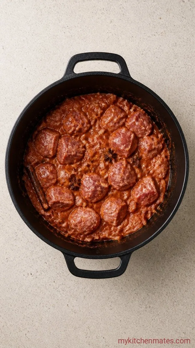 Tender Lamb Rogan Josh with Fragrant Spices Step 4: Deglaze and Add the Lamb