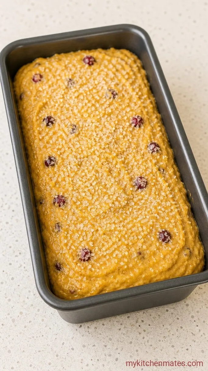 Pumpkin Cranberry Bread with Tart Fresh Cranberries Step 4: Fill the Pan and Sprinkle with Sugar