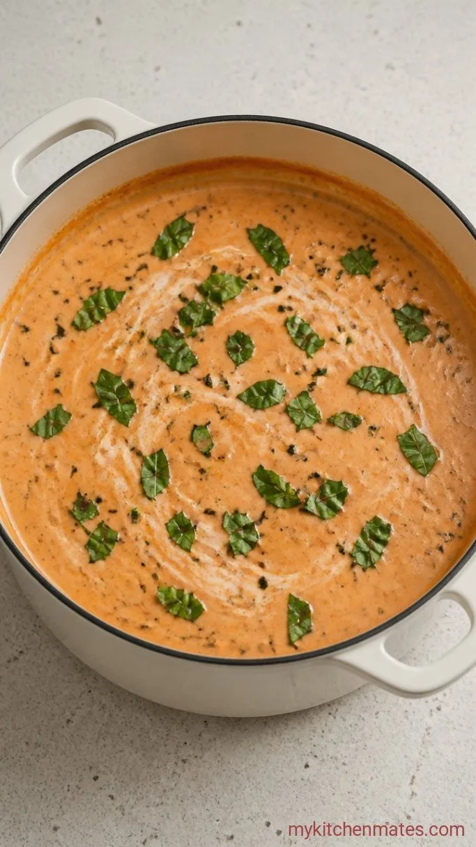 Homemade La Madeleine Tomato Basil Soup Step 4: Finish with Cream and Basil