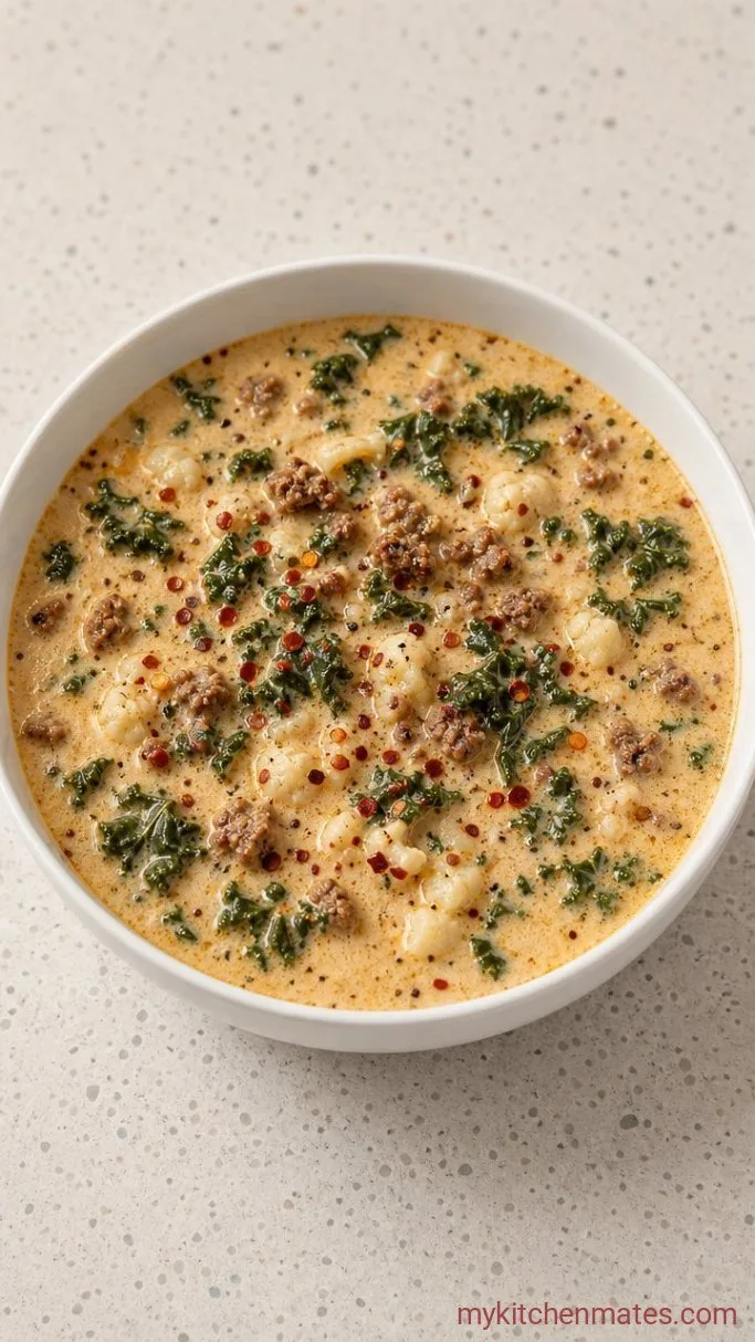 Creamy Low Carb Zuppa Toscana Soup Step 4: Finish with Cream and Kale