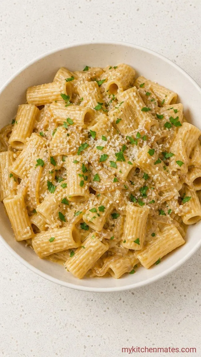 One-Pot Creamy Caramelized Onion Pasta Step 4: Finish with Cream and Parmesan