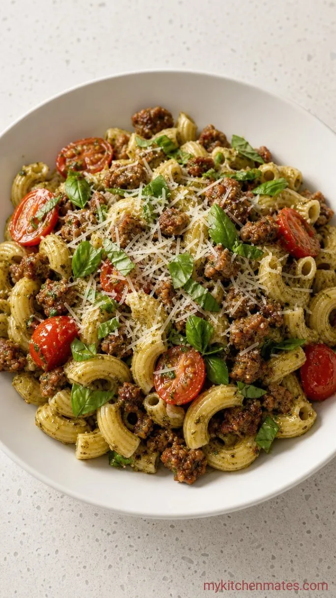 20-Minute Sausage Pesto Pasta Step 4: Finish with Parmesan and Basil