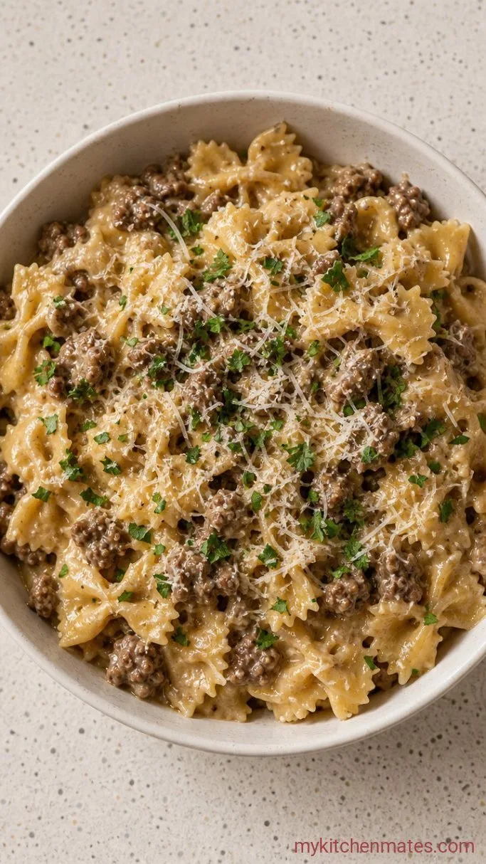 30-Minute Creamy Parmesan Garlic Beef Bowtie Pasta Step 4: Finish with Parmesan and Herbs