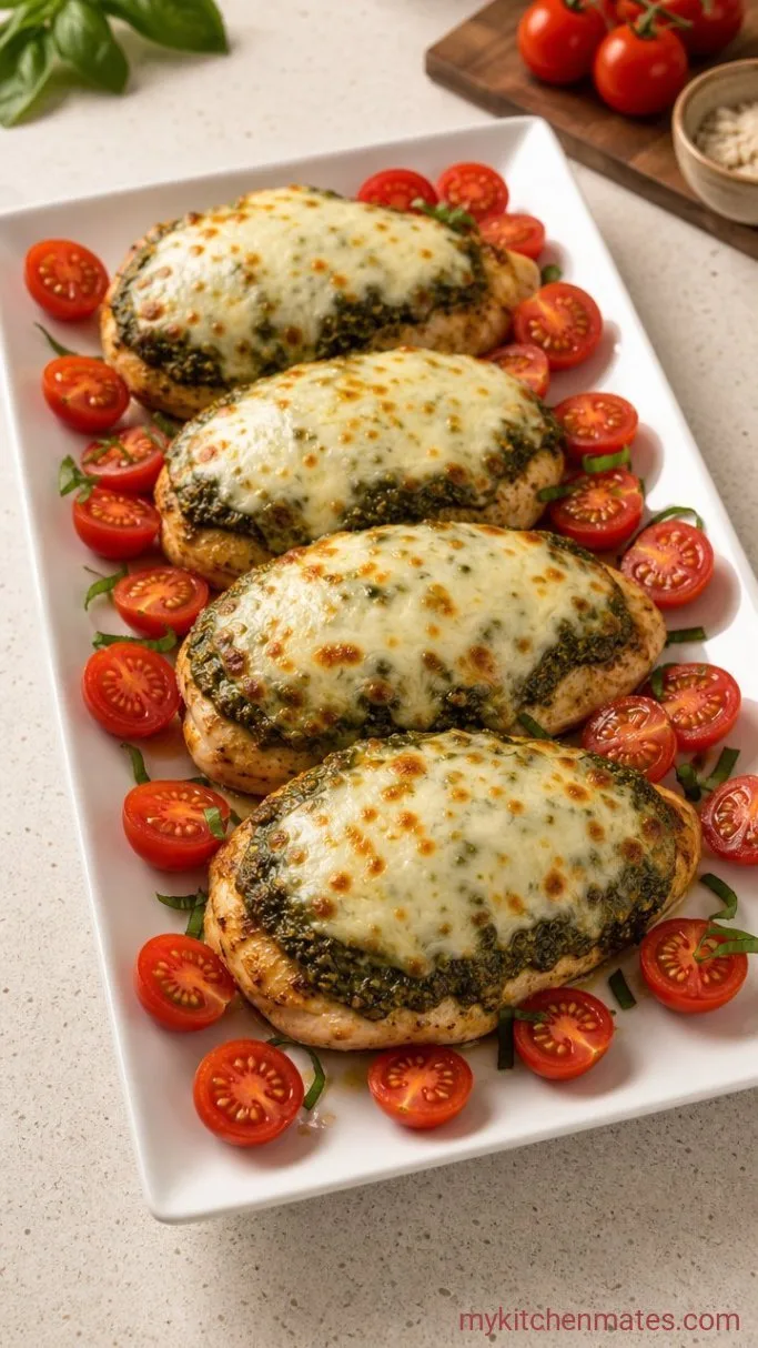 Quick Pesto Chicken Breast with Mozzarella Step 4: Finish with Tomatoes and Serve
