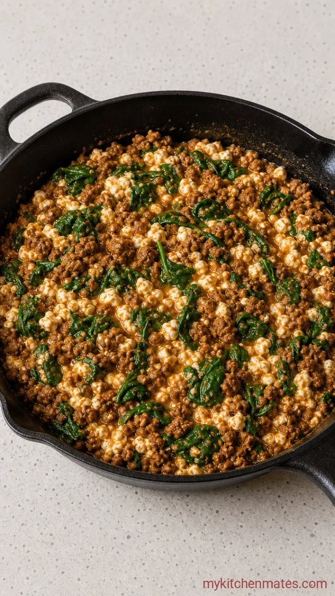 15-Minute High-Protein Cottage Cheese Beef Bowl Step 4: Fold in the Cottage Cheese and Spinach