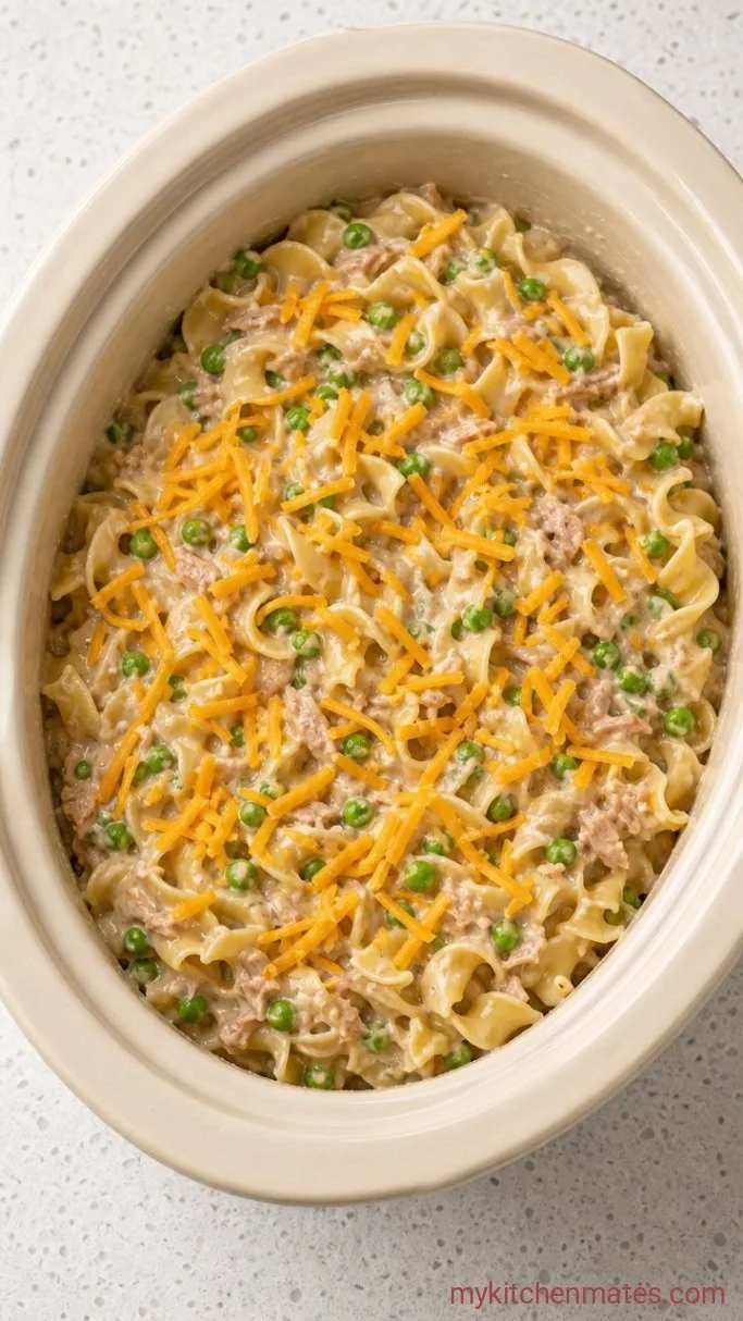 Creamy Crockpot Tuna Noodle Casserole Step 4: Fold in the Noodles and Peas