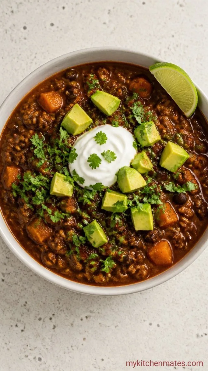 One-Pot Turkey Sweet Potato Chili Step 4: Ladle and Finish with Lime and Toppings