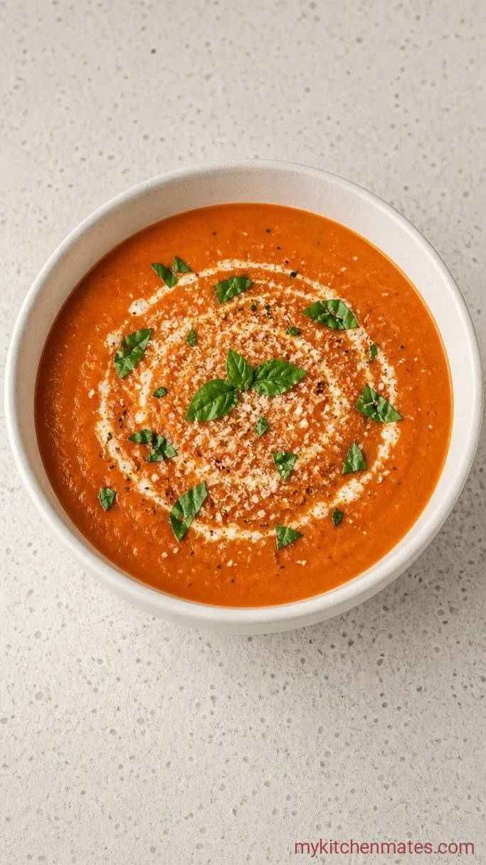 30-Minute Creamy Tomato Parmesan Soup Step 4: Ladle and Garnish