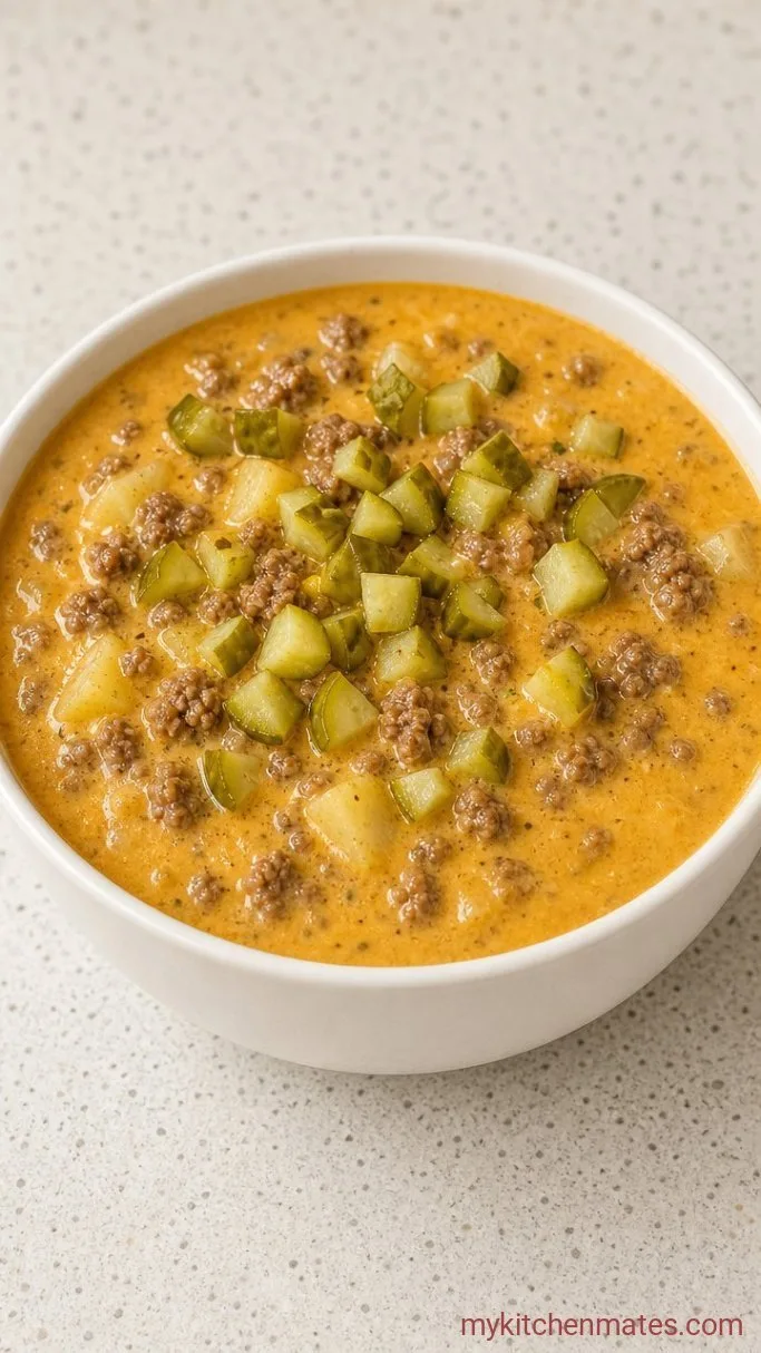 Crockpot Cheeseburger Soup: Burger Flavor, Slow Cooker Ease Step 4: Ladle and Serve with Pickles