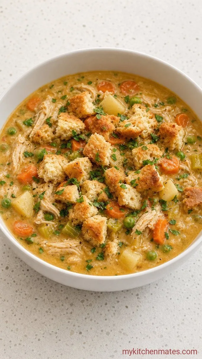 Creamy Crockpot Chicken Pot Pie Soup Step 4: Ladle and Top the Bowls