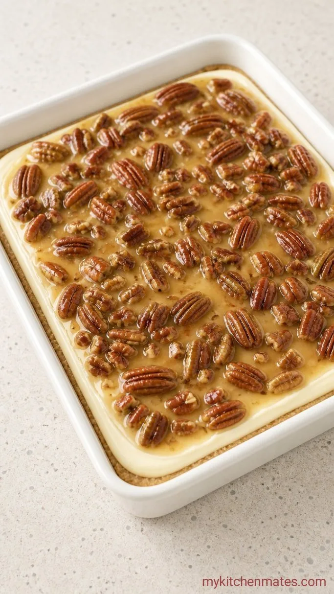 Gooey Pecan Pie Cheesecake Bars Step 4: Layer and Bake