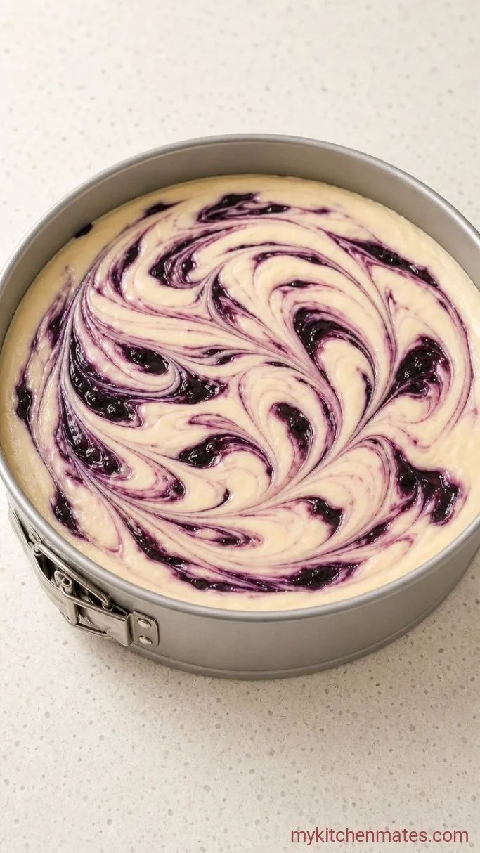 Creamy Blueberry Swirl Cheesecake Step 4: Layer and Swirl the Batter