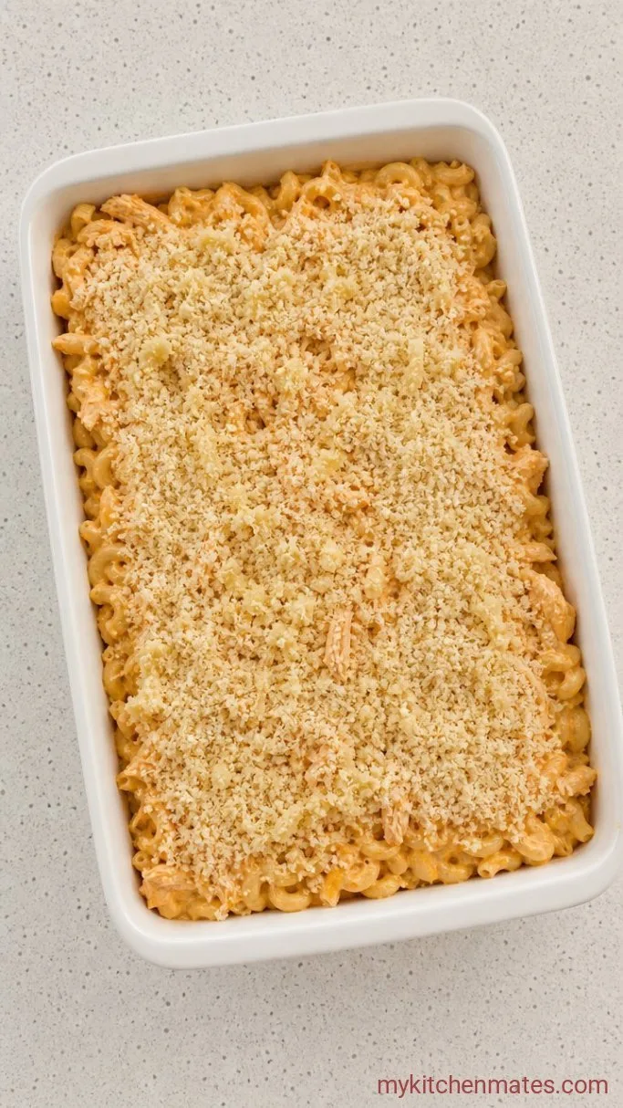 30-Minute Buffalo Chicken Mac and Cheese Step 4: Layer Into the Baking Dish