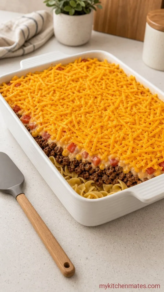 Creamy Amish Ground Beef Casserole with Egg Noodles Step 4: Layer the Casserole