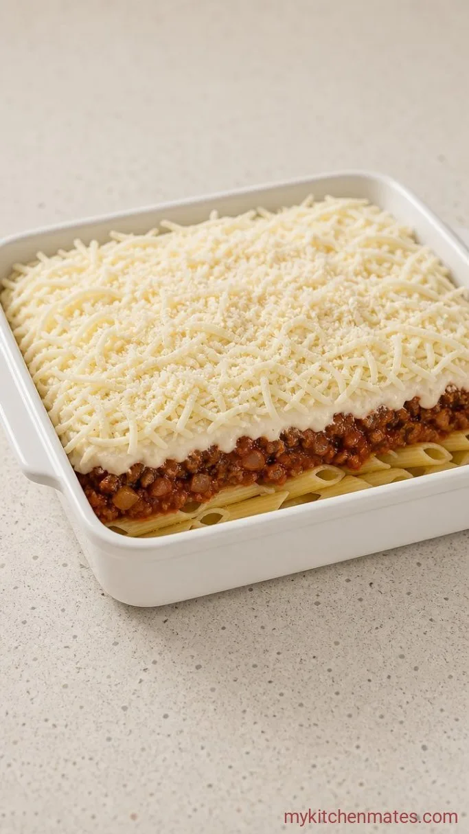 Creamy Baked Alfredo and Spaghetti Sauce Pasta Step 4: Layer the Casserole