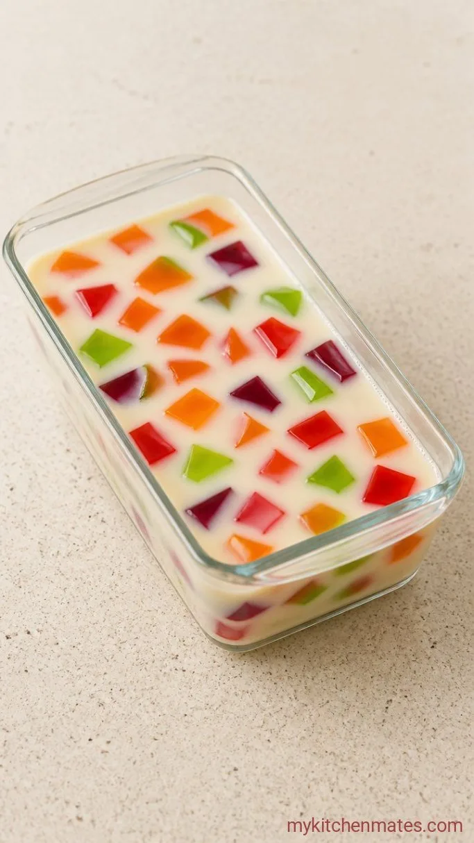 Easy Mexican Mosaic Jello Dessert (Gelatina de Mosaico) Step 4: Layer the Jello Cubes in the Mold