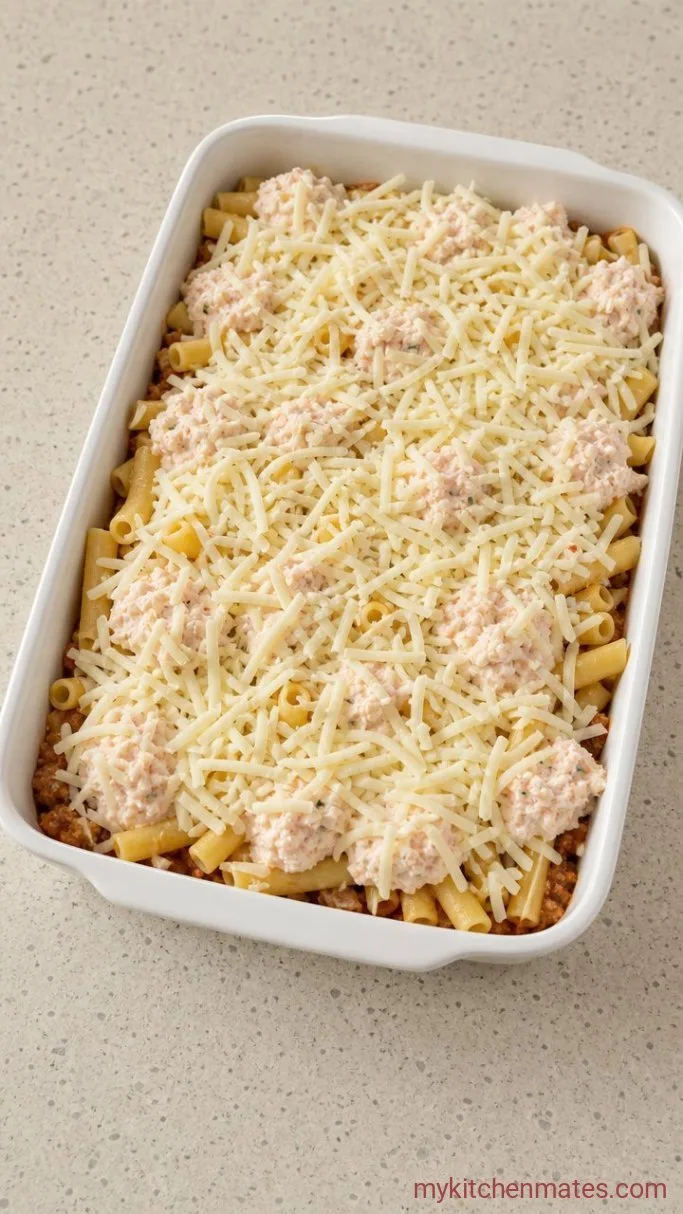 Baked Ziti with Ground Beef and Ricotta Step 4: Layer the Ziti