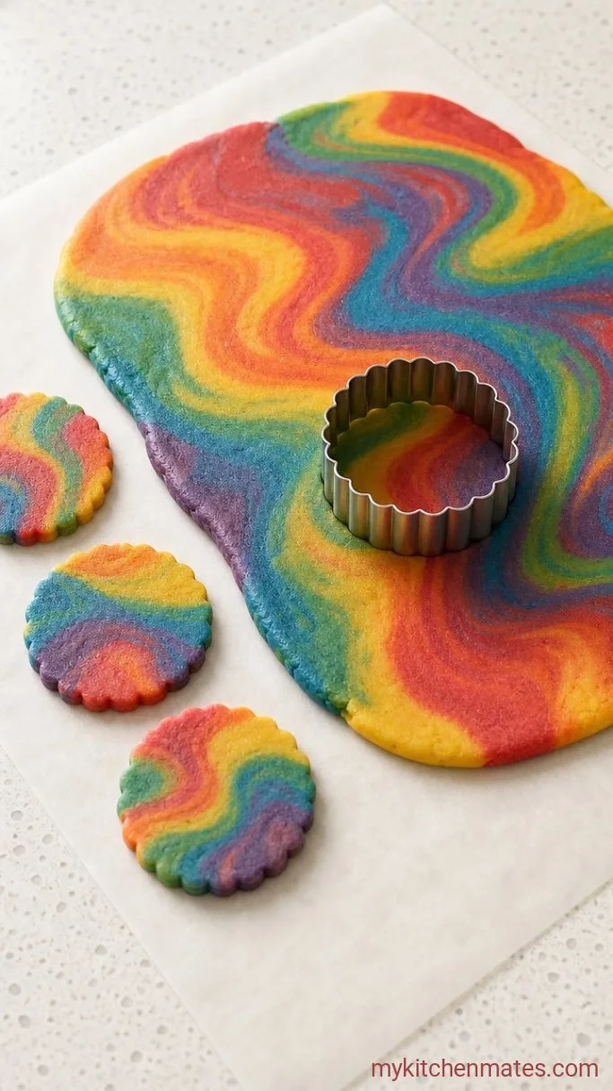No-Chill Marbled Rainbow Sugar Cookies Step 4: Marble and Cut the Cookies