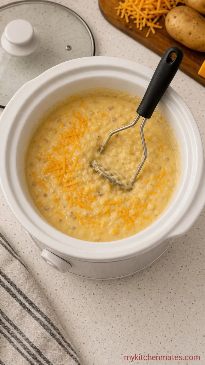 Crockpot Loaded Potato Soup Step 4: Mash and Enrich the Soup