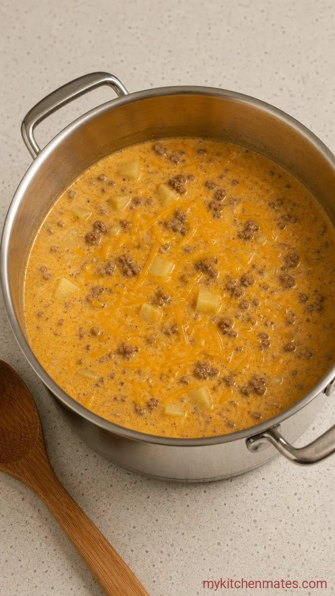 Creamy One-Pot Cheeseburger Potato Soup Step 4: Melt in the Cheese