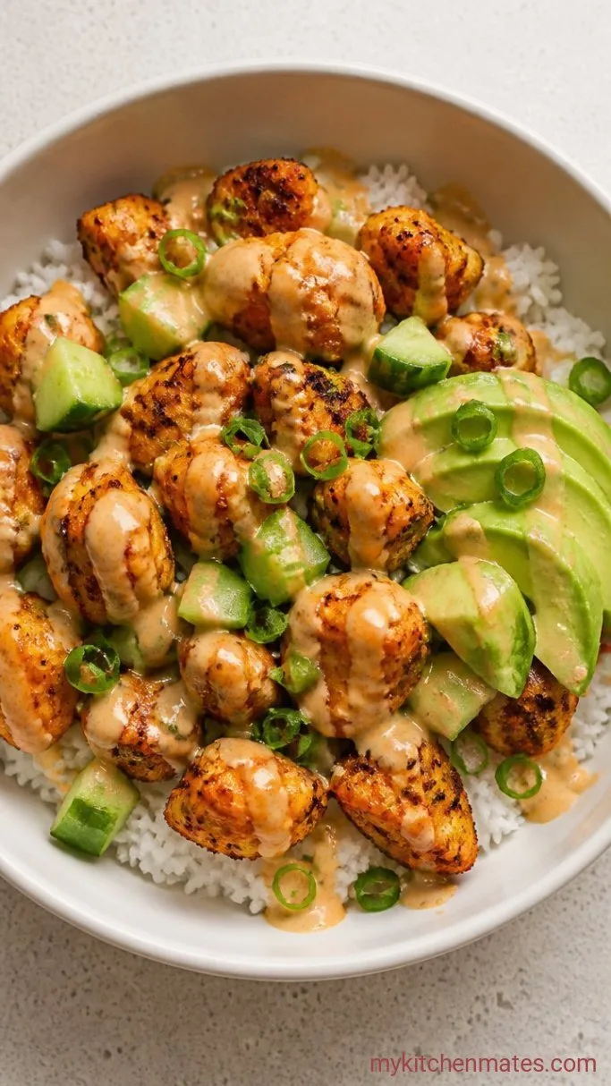 Sticky Bang Bang Chicken Rice Bowls Step 4: Pile the Chicken Over Rice and Drizzle