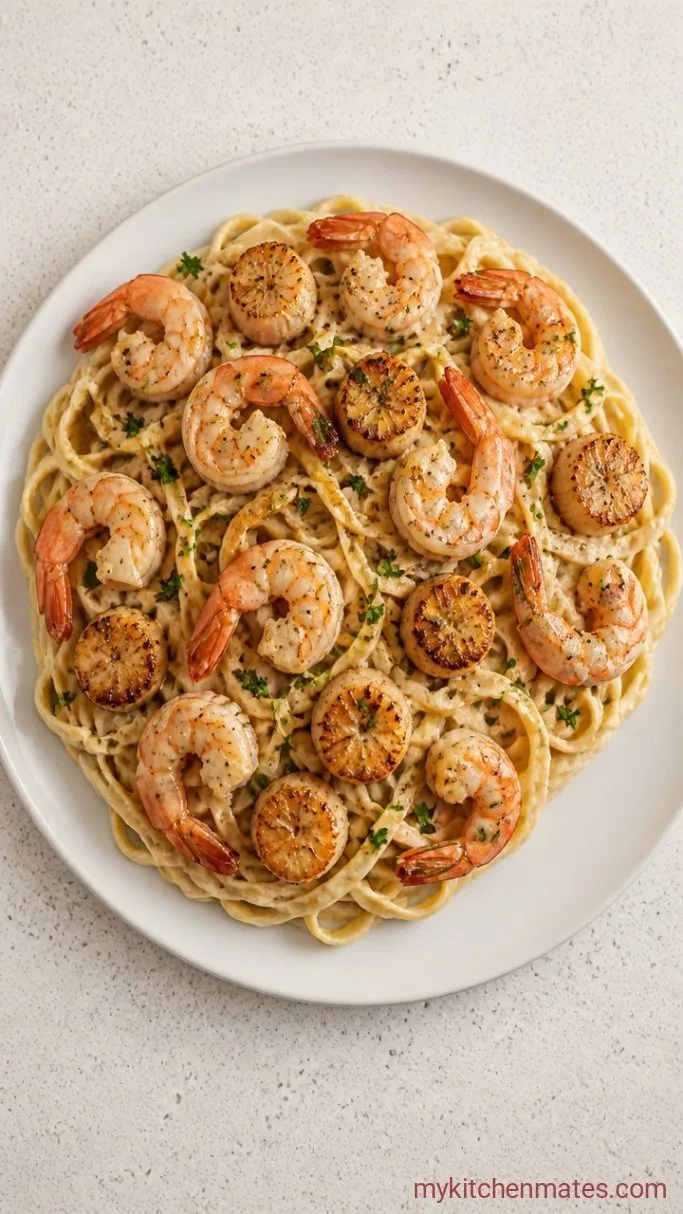 30-Minute Creamy Seafood Fettuccine Alfredo Step 4: Plate and Serve with Parsley