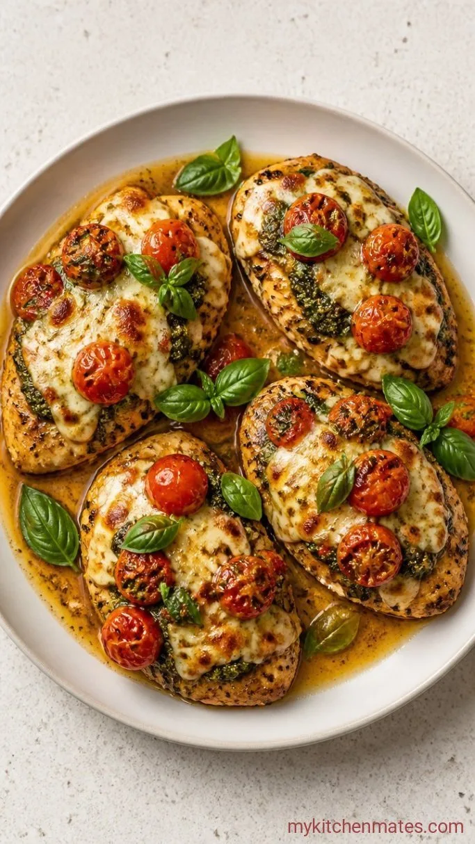 One-Dish Pesto Chicken Bake with Mozzarella and Tomatoes Step 4: Plate and Spoon the Juices
