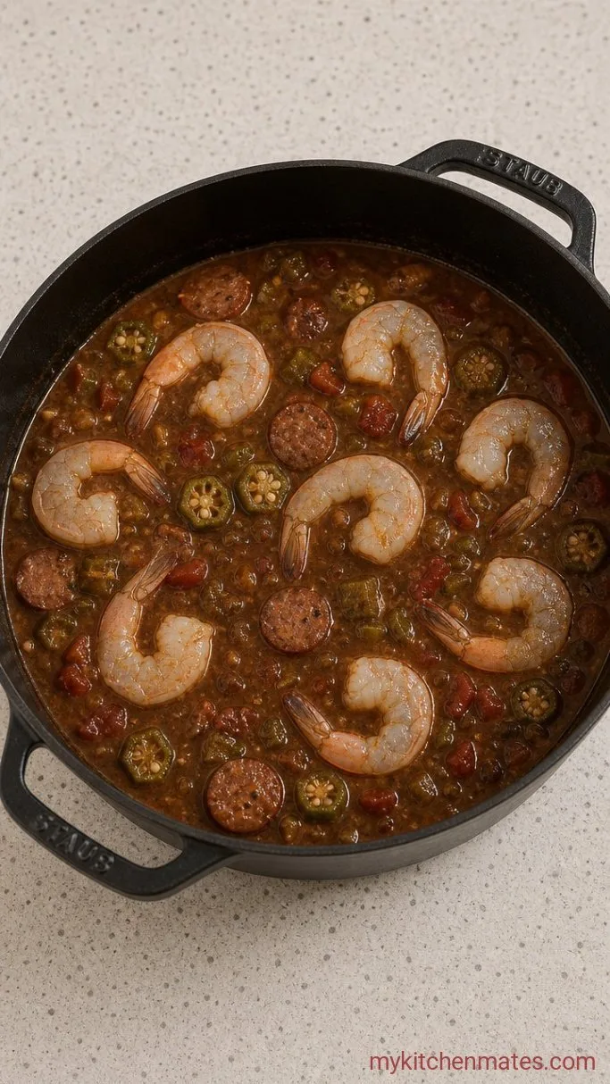 Shrimp and Sausage Gumbo with a Dark Roux Step 4: Poach the Shrimp
