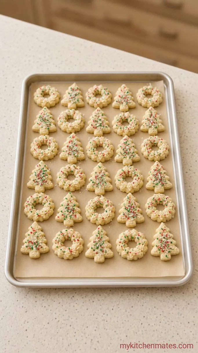 No-Chill Buttery Christmas Spritz Cookies Step 4: Press and Decorate the Cookies
