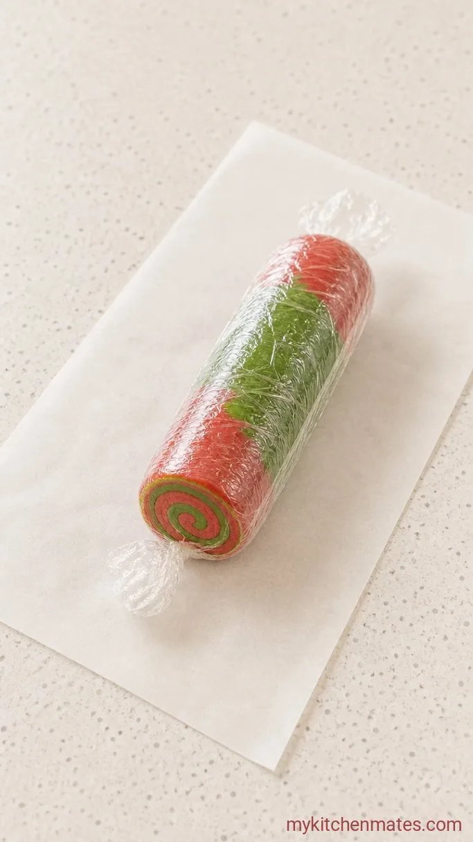 Red and Green Christmas Pinwheel Cookies Step 4: Roll into a Log