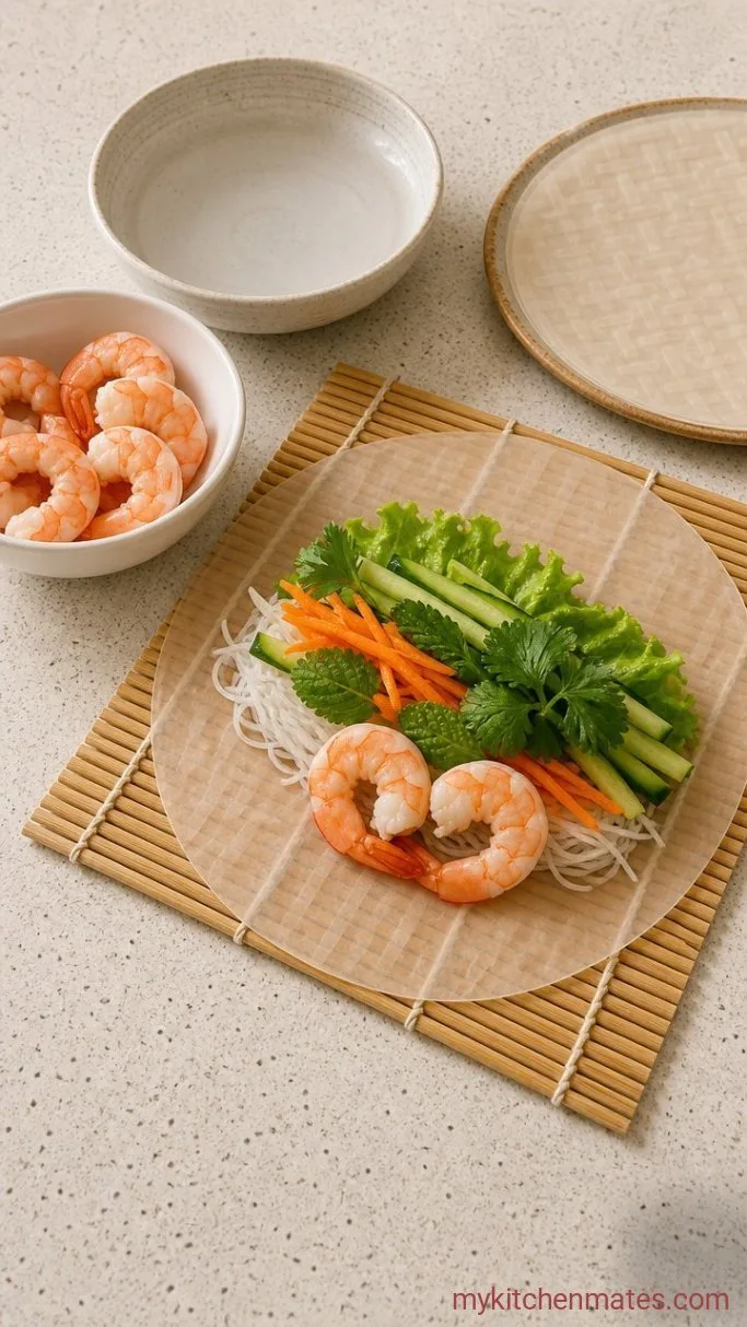 Fresh Shrimp Spring Rolls with Peanut Dipping Sauce Step 4: Roll the Spring Rolls
