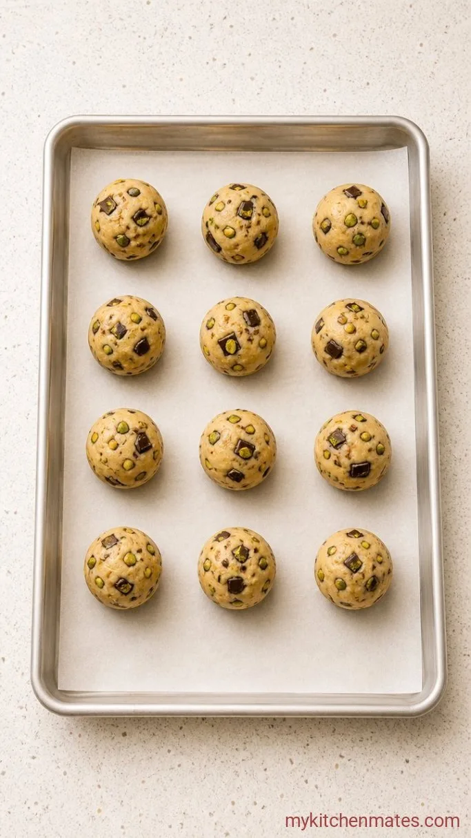 Chewy Brown Butter Pistachio Chocolate Chip Cookies Step 4: Scoop and Bake