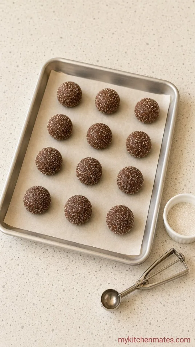 Quick Chocolate Sugar Cookies (Chewy & Rolled in Sugar) Step 4: Scoop and Roll the Dough