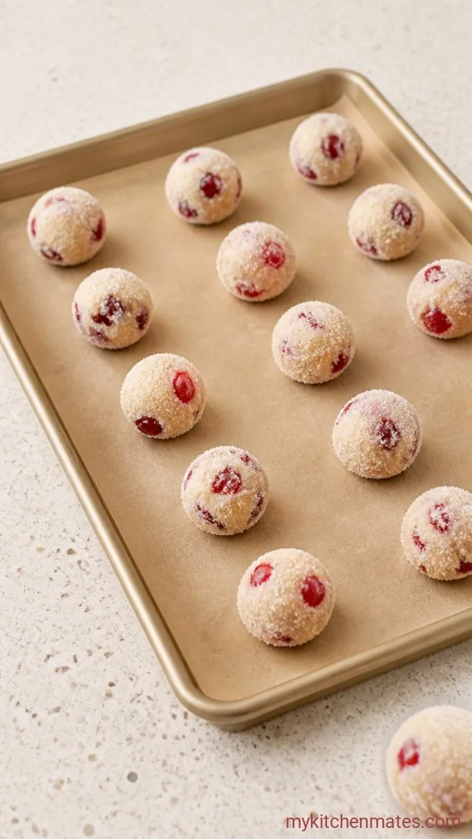 Buttery Cherry Sugar Cookies with Maraschino Cherry Pieces Step 4: Scoop, Roll, and Bake