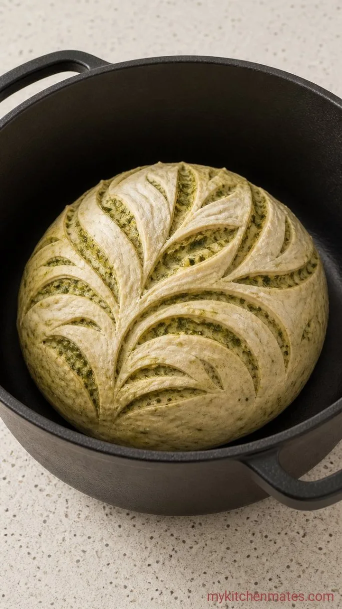 Pesto Swirl Sourdough Bread Step 4: Score and Bake