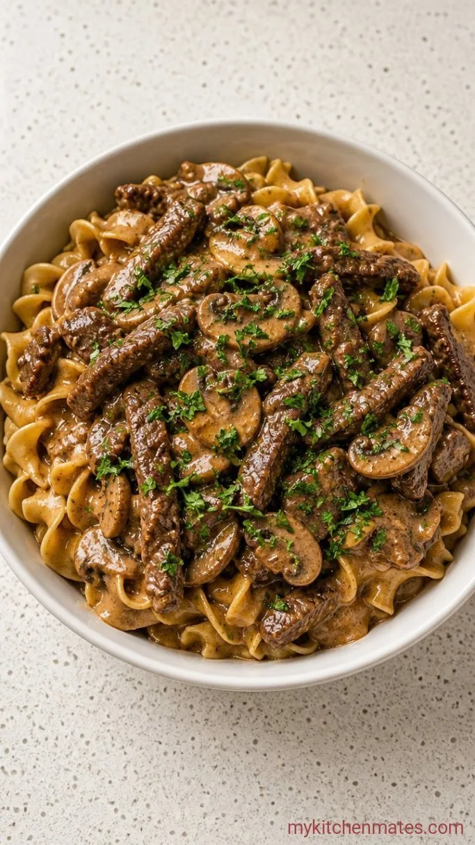 One-Pan Creamy Dairy Free Beef Stroganoff Step 4: Serve Over Noodles