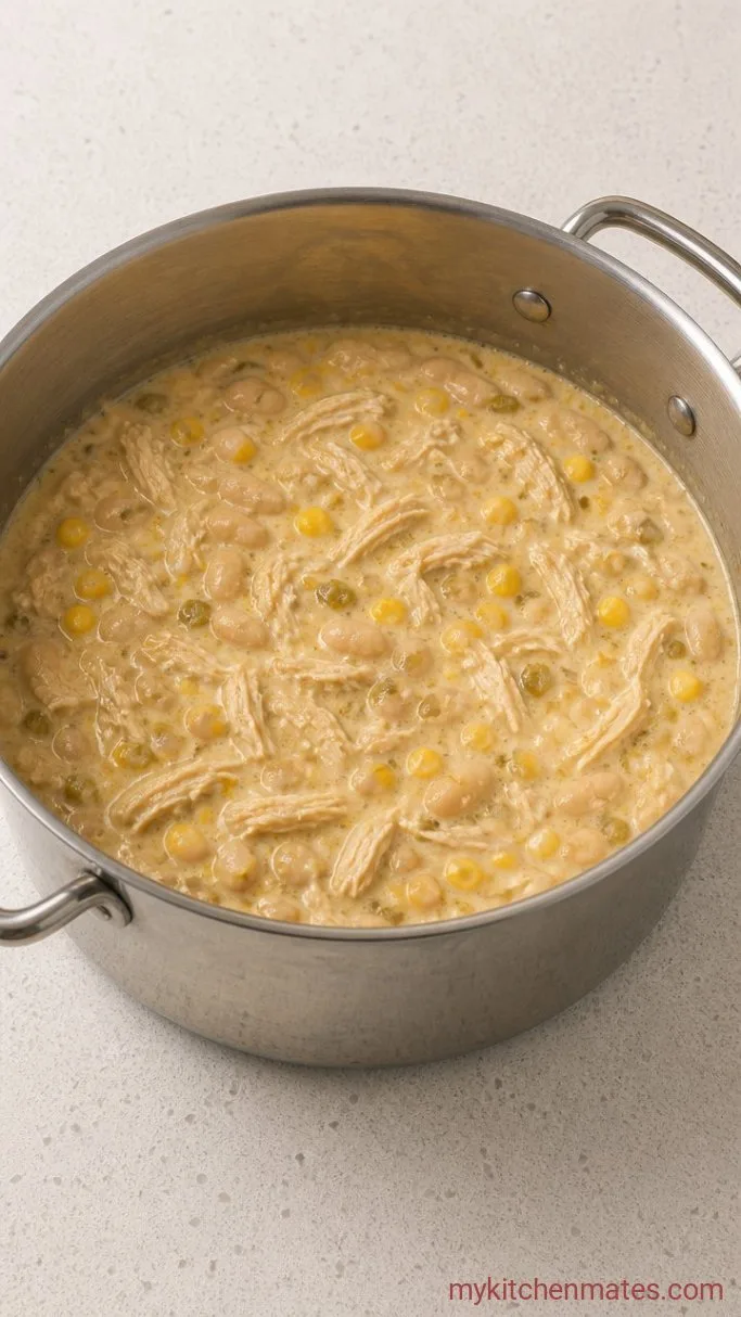 One-Pot Stovetop White Chicken Chili Step 4: Shred and Finish the Chili