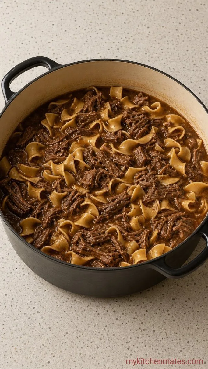 One-Pot Beef and Noodles That Falls Apart Tender Step 4: Shred the Beef and Simmer the Noodles