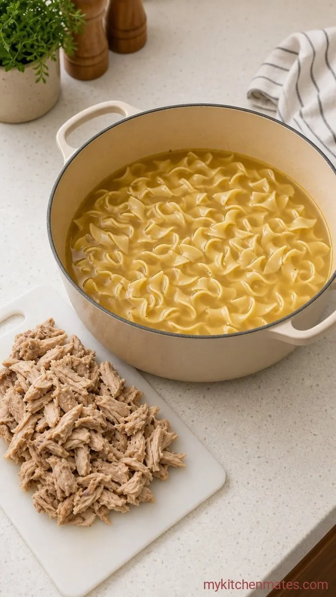From-Scratch Dutch Oven Chicken Noodle Soup Step 4: Shred the Chicken and Add Noodles