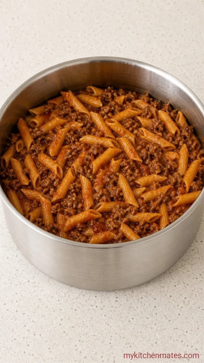 Quick One-Pot Creamy Beef and Garlic Pasta Step 4: Simmer the Pasta