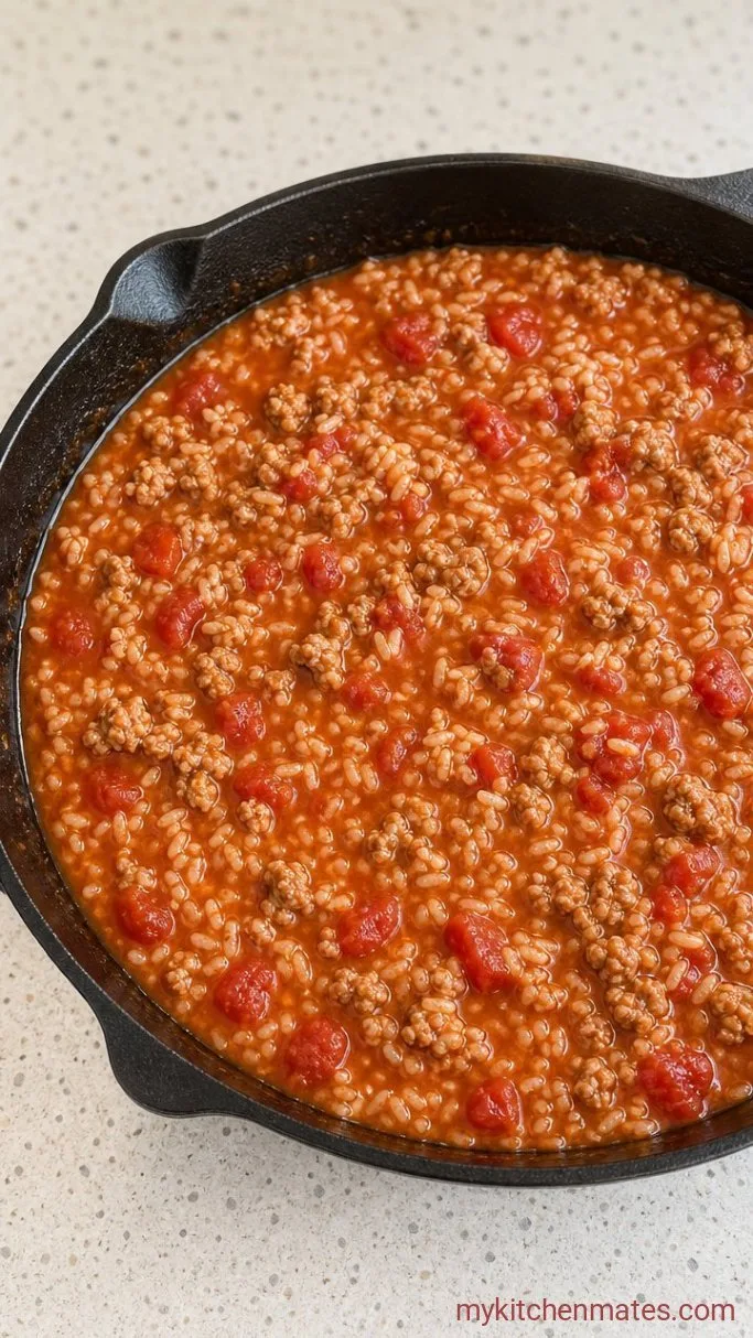 Quick One-Pan Ground Turkey Skillet Step 4: Simmer with Rice