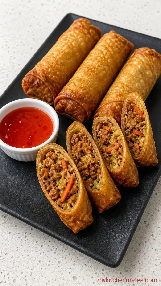 Crispy Baked Chicken Egg Rolls Step 4: Slice and Serve with Dipping Sauce