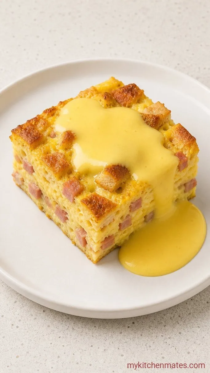 Easy Overnight Eggs Benedict Casserole Step 4: Slice and Spoon Over the Hollandaise