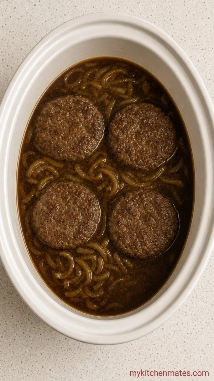 Crockpot Hamburger Steaks with Onion Gravy Step 4: Slow Cook the Steaks