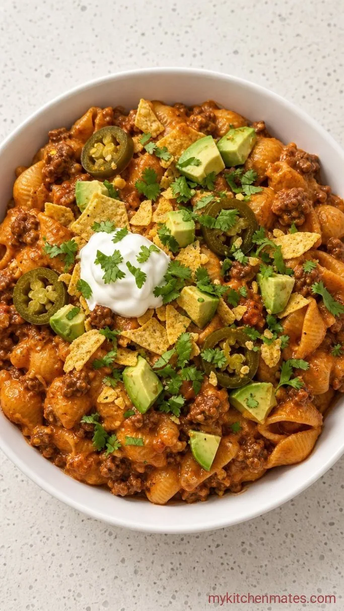 30-Minute One-Pot Cheesy Taco Pasta Step 4: Spoon and Top