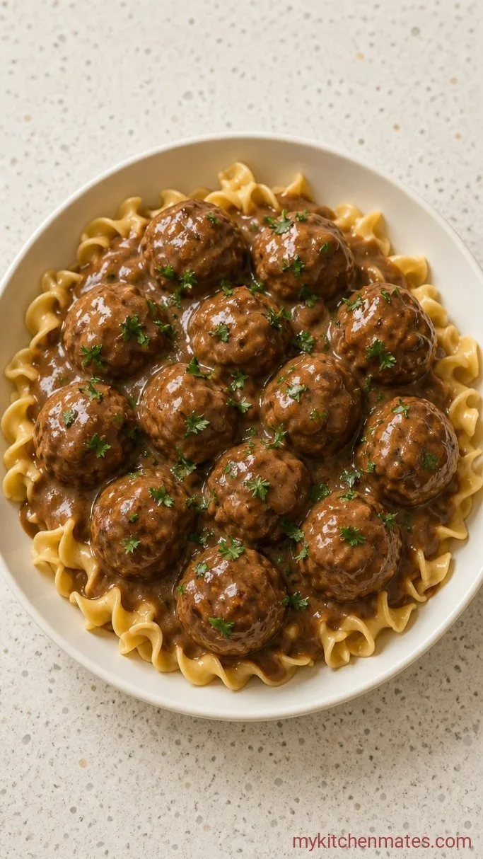 Creamy Crockpot Swedish Meatballs Step 4: Spoon Over Noodles and Serve