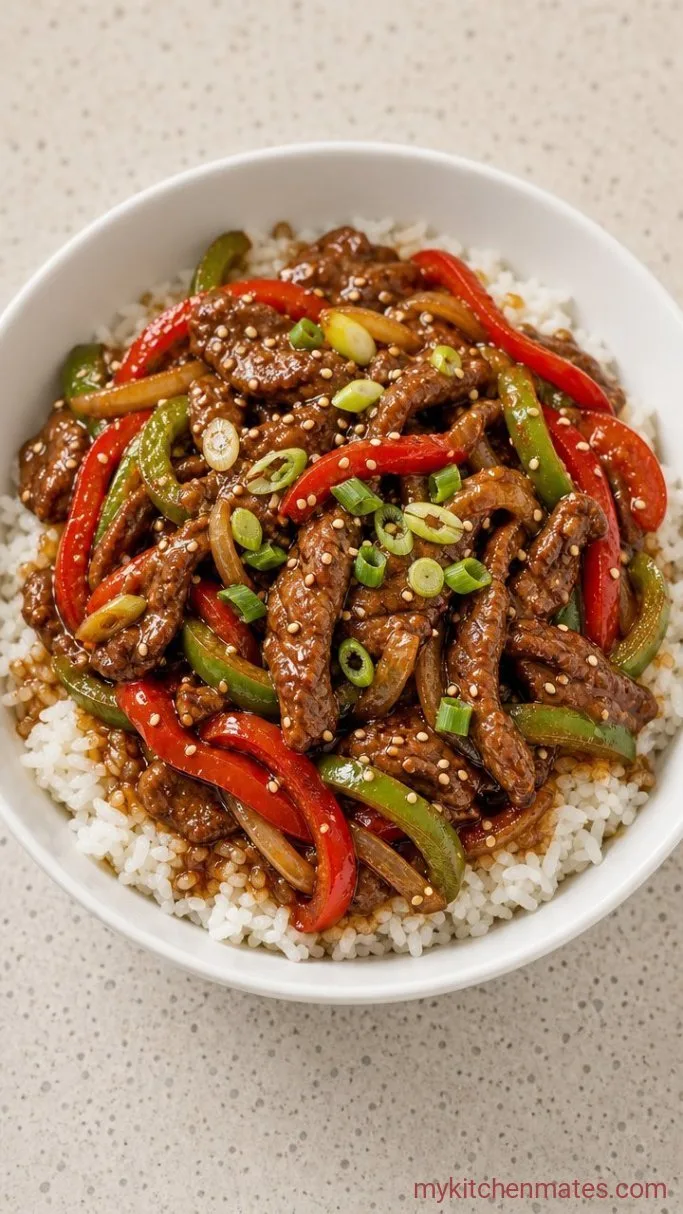 30-Minute Beef and Pepper Rice Bowls Step 4: Spoon Over Rice and Serve