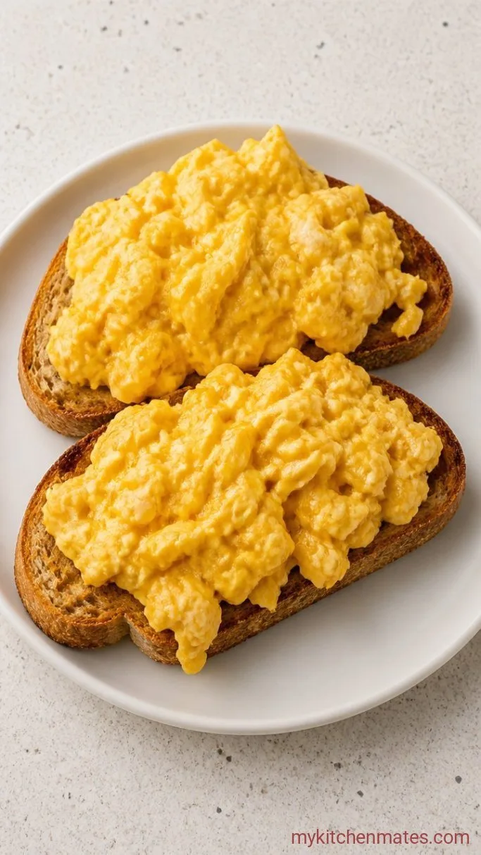 Creamy Scrambled Eggs on Toast in 10 Minutes Step 4: Spoon Over Toast and Serve