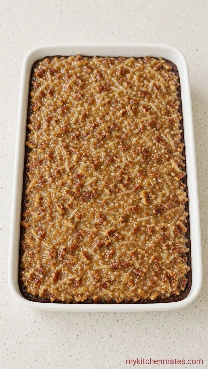 German Chocolate Poke Cake (Starts with a Box Mix) Step 4: Spread and Set the Topping