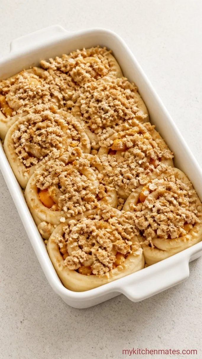 Peach Cobbler Cinnamon Rolls Step 4: Sprinkle the Crumble Topping